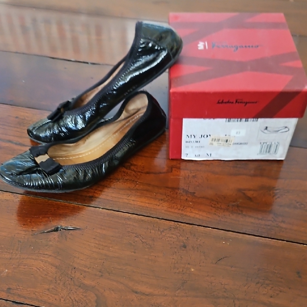 Salvatore Ferragamo Black Patent Leather Flats